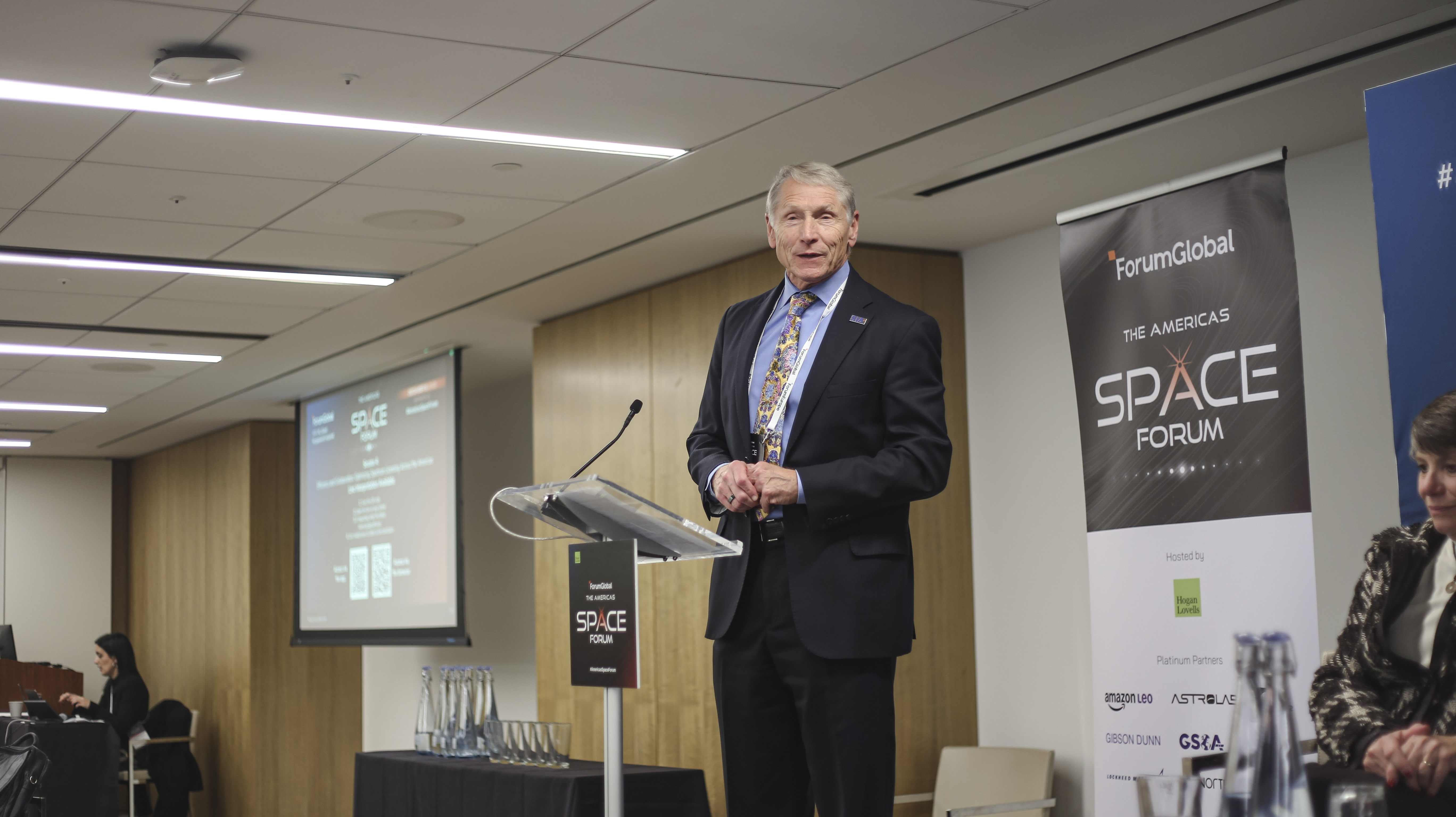 Tom Stroup, SIA, moderating Session 4 at the Americas Space Forum. 