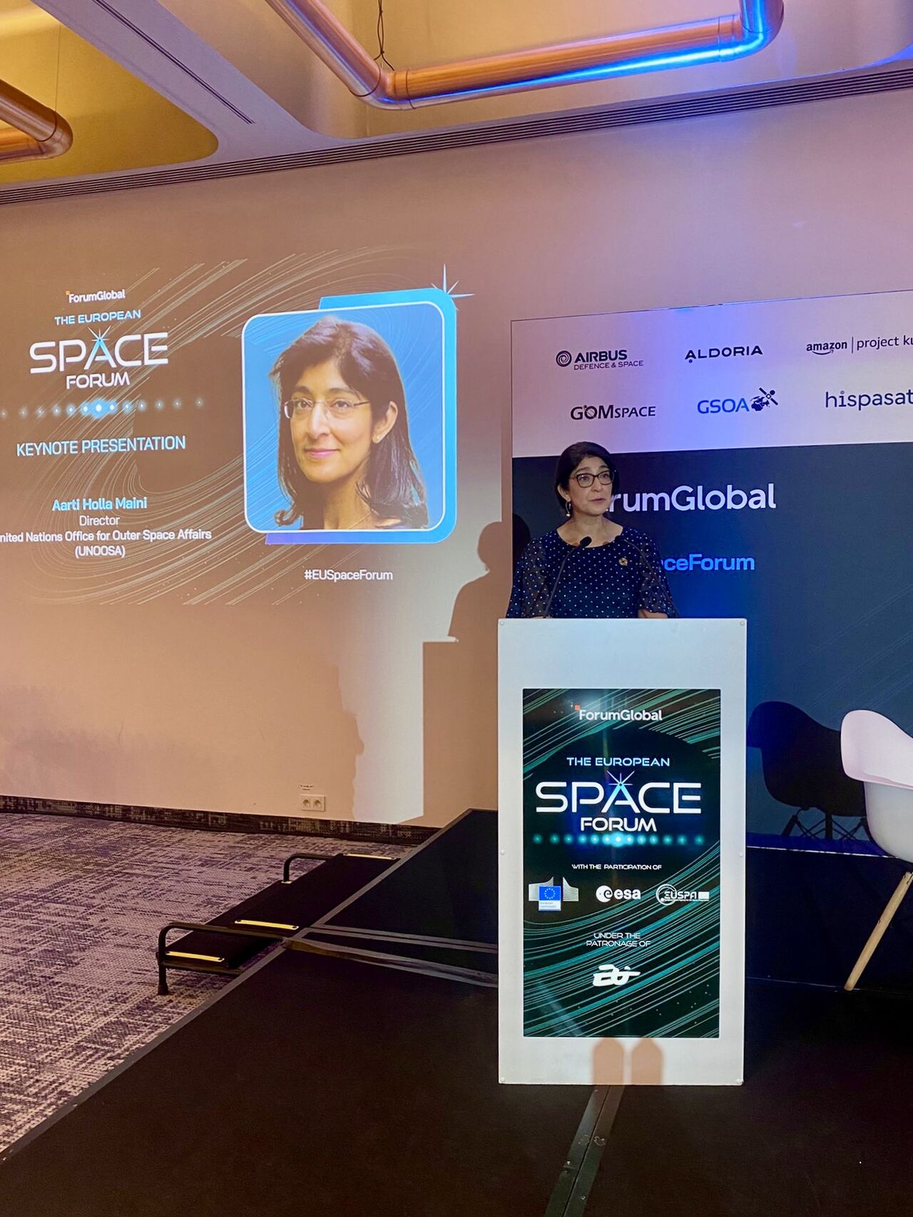 Aarti Holla-Maini, Director of UNOOSA, delivers her keynote address at the European Space Forum. 