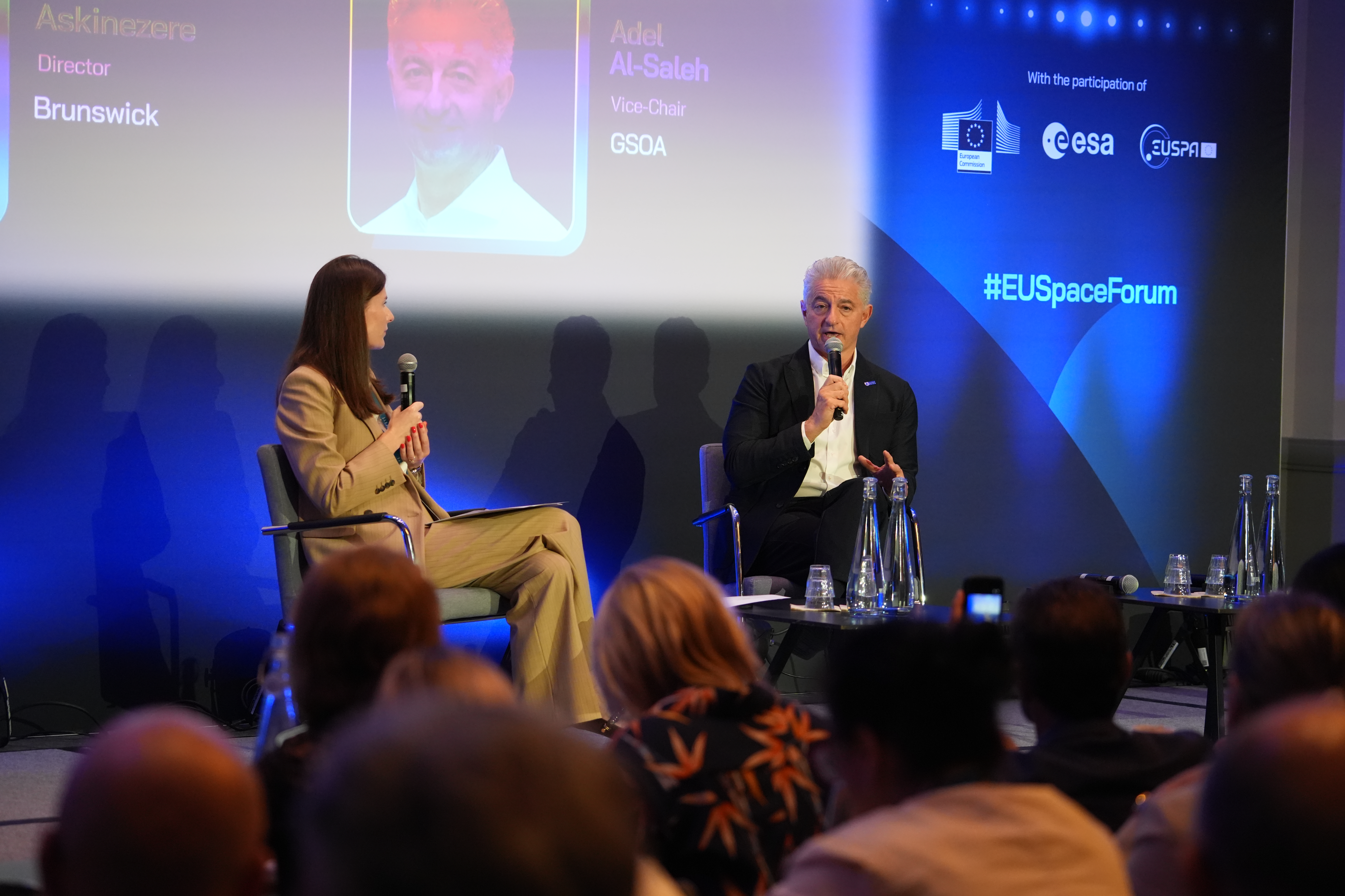 Adel Al_Saleh, SES CEO and GSOA Vice-Chair, on stage with Brunswick's Alise Askinezere