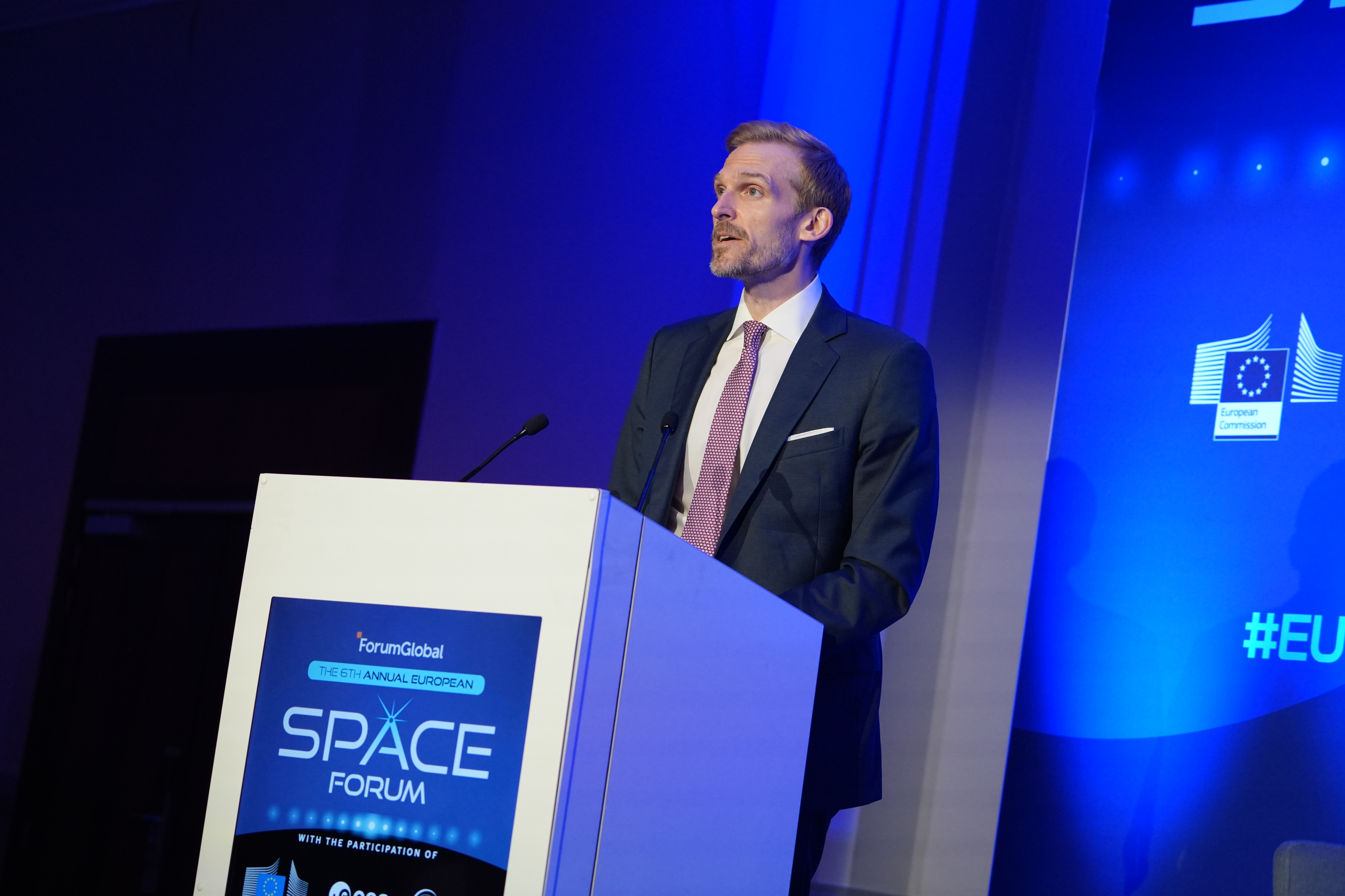 Assistant Secretary Taylor Jordan delivers a keynote speech at the 2026 European Space Forum.&nbsp;