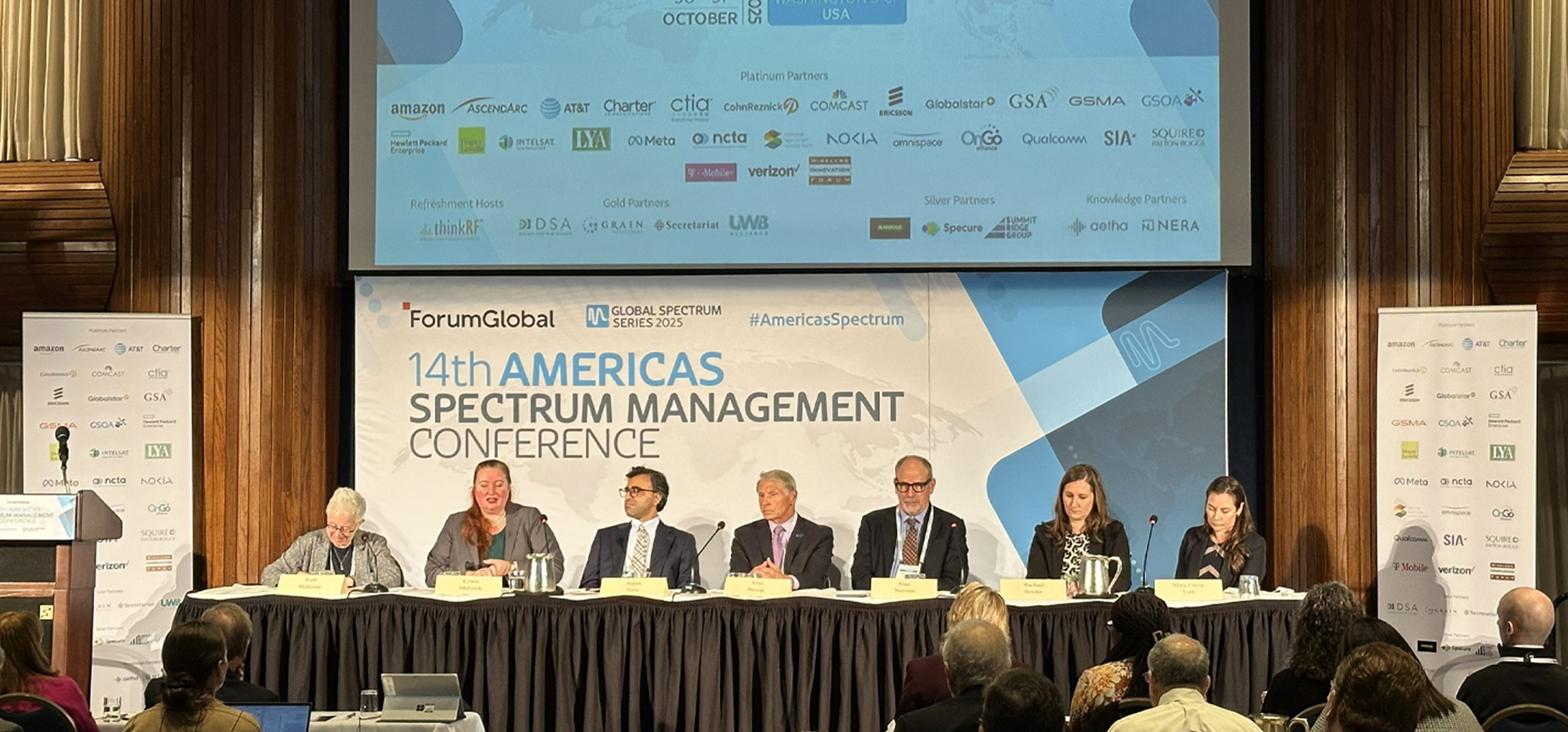 Bottom from Left to Right: Ruth Milkman, Partner, Quadra Partners LLC. Lynna McGrath, Deputy Associate Administrator, Office of Spectrum Management, NTIA. Arpan Sura, Senior Counsel and Chief AI Officer, Office of Chairman Carr, FCC. Tom Stroup, President, SIA. Alan Norman, Public Policy Director, Meta. Rachael Bender, Vice President & Associate General Counsel, Federal Regulatory & Legal Affairs, Verizon. Mary Claire York, Vice President and Associate General Counsel of Legal and Regulatory Affairs, NCTA.