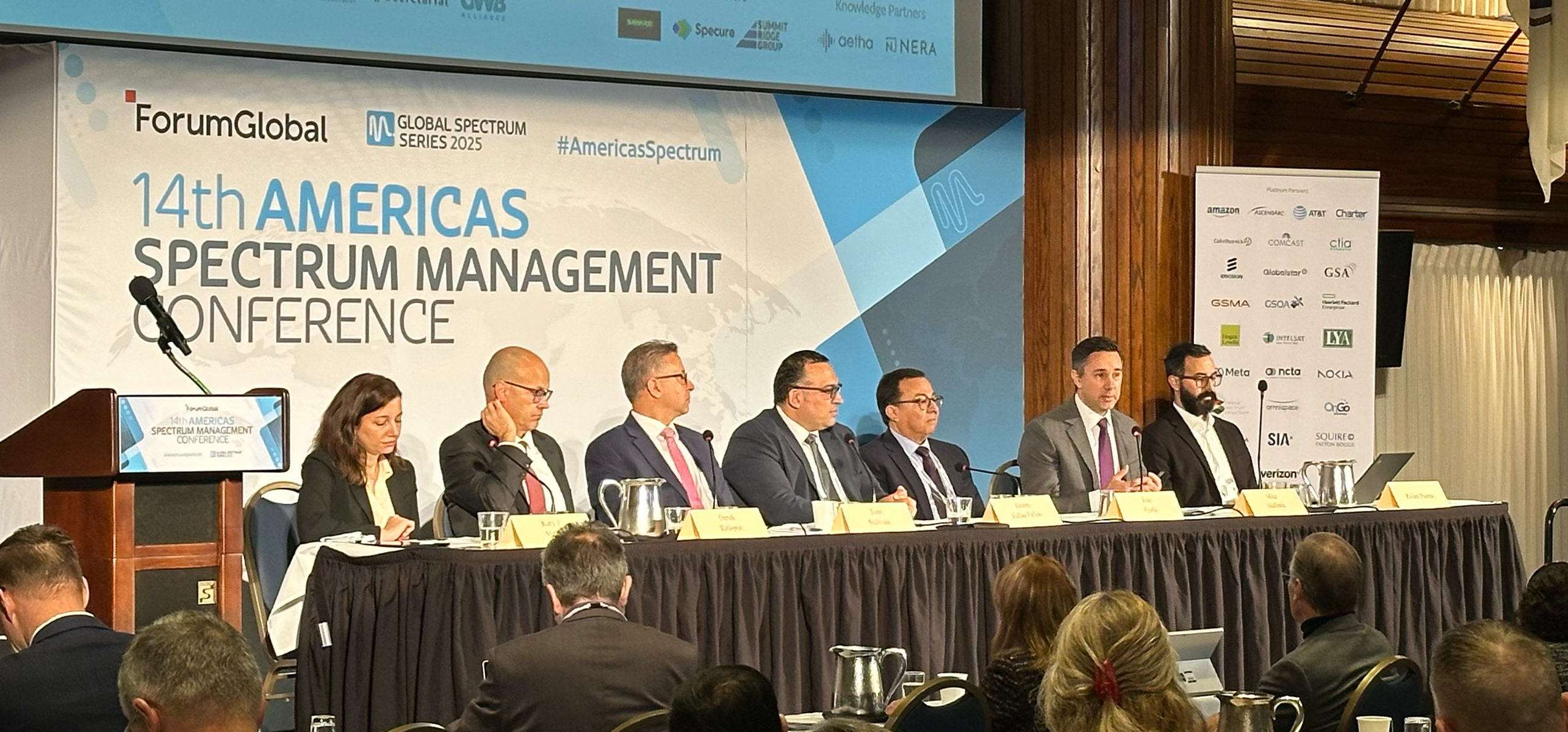 From Left to Right: Katy J. Milner, Partner, Global Regulatory, Hogan Lovells. Derek Khlopin, Deputy Associate Administrator, Spectrum Planning and Policy, Office of Spectrum Management, NTIA. Tom Sullivan, Chief, Office of International Affairs, FCC. Glenn Fallas, Director General of Quality and Spectrum, SUTEL Costa Rica. Jose Ayala, Chairman, Spectrum Group for CITEL Region, GSA. Mike Mullinix, VP, Regulatory Affairs, CTIA. Eiman Mohyeldin, Global Head of Spectrum Standardization, Nokia.