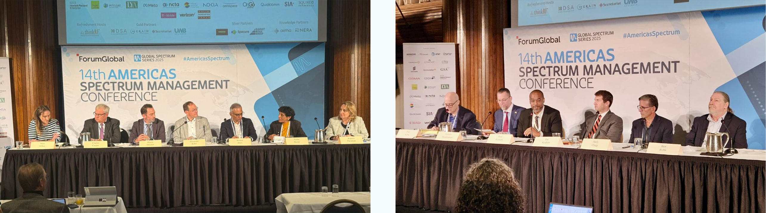 Left Photo(Left to Right): Mari Silbey, Chief Program Officer, National Spectrum Consortium. Charles Cooper, Associate Administrator for Spectrum Management, NTA. Martin Doczkat, Chief, Electromagnetic Compatibility Division, Office of Engineering and Technology, FCC. Alexander Kühn, Head of Section International and National Spectrum Management, BNetzA. Germany. Noman Alam, Director, 5G Solutions, Ericsson. Veena Rawat, Senior Spectrum Advisor, GSMA. Aspasia Paroutsas, Vice President, Federal Regulatory Affairs, Qualcomm.   Right Photo(Left to Right): Paul Kirby, Senior Editor, Wolters Kluwer’s TR Daily. Andrew Hendrickson, Chief, Office of Engineering and Technology, FCC. Paul Ransom, Acting Chief, Strategic Planning Division, Office of Spectrum Management, NTIA. Joe Kochan, Chief Executive Officer, National Spectrum Consortium. Andy Clegg, Chief Technology Officer, WinnForum. Ben Rolfe, CTO and Comptroller, UWBA