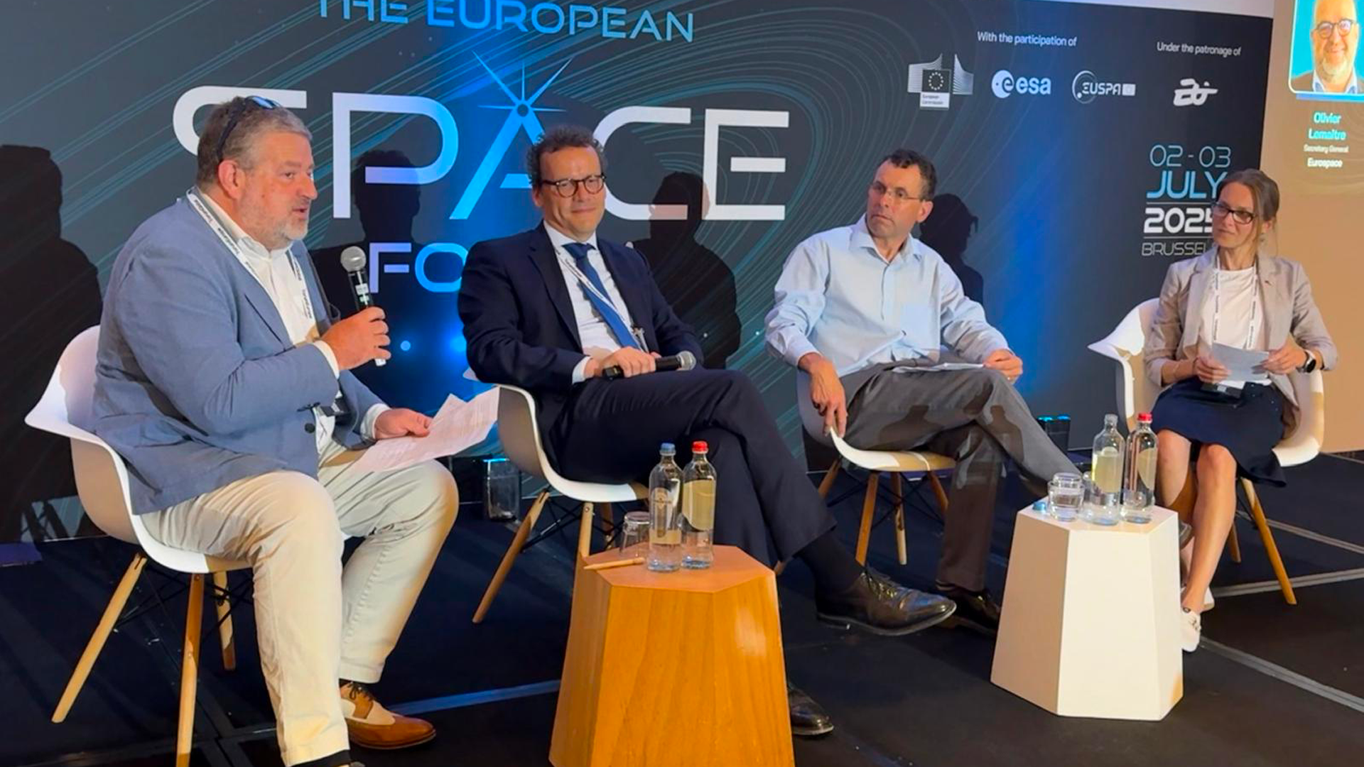 Session 4 at the European Space Forum featuring Philippe Glaesener (SES); Chris White-Horne (UK DSIT); and Martyna Perek (Poland). The session was moderated by Eurospace's Olivier Lematire. 