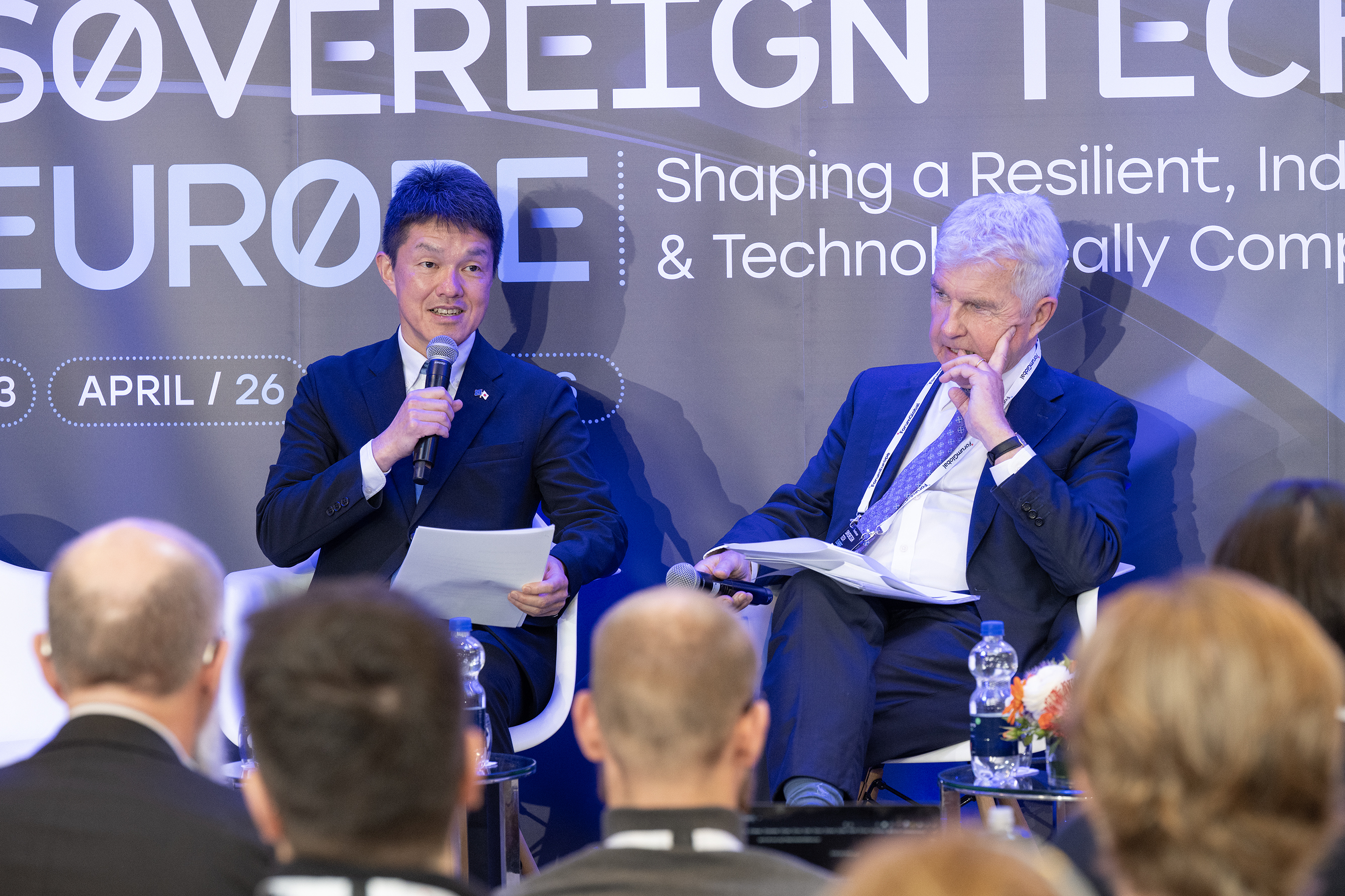 On stage: Paul Adamson and Takashi Hamada, Deputy Chief of Mission and Ambassador at Japan&rsquo;s Mission to the European Union